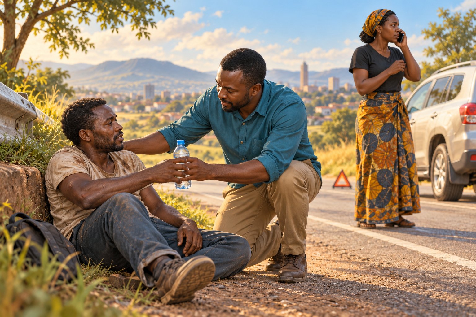 A man stopping beside a Kenyan road to help an injured stranger