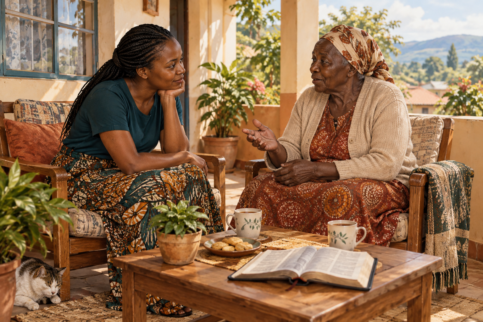 A younger Kenyan woman giving her full attention to an older woman during a conversation