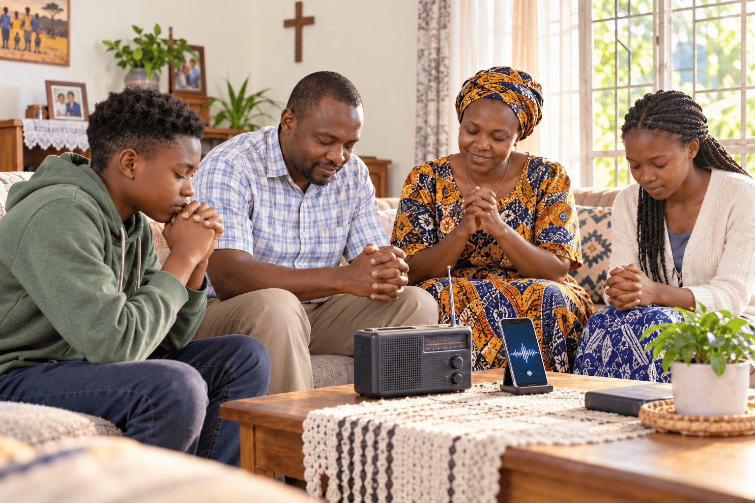 A Kenyan family praying together while listening to radio and digital media