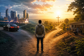 A person standing at a crossroads between city wealth and a path toward a cross
