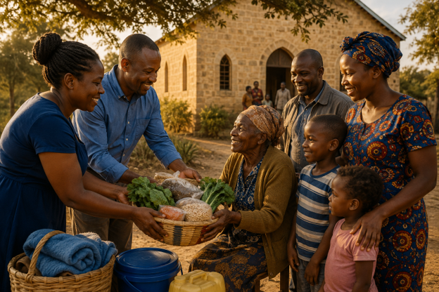 Kenyan Christians sharing food and practical support with an older woman outside a church