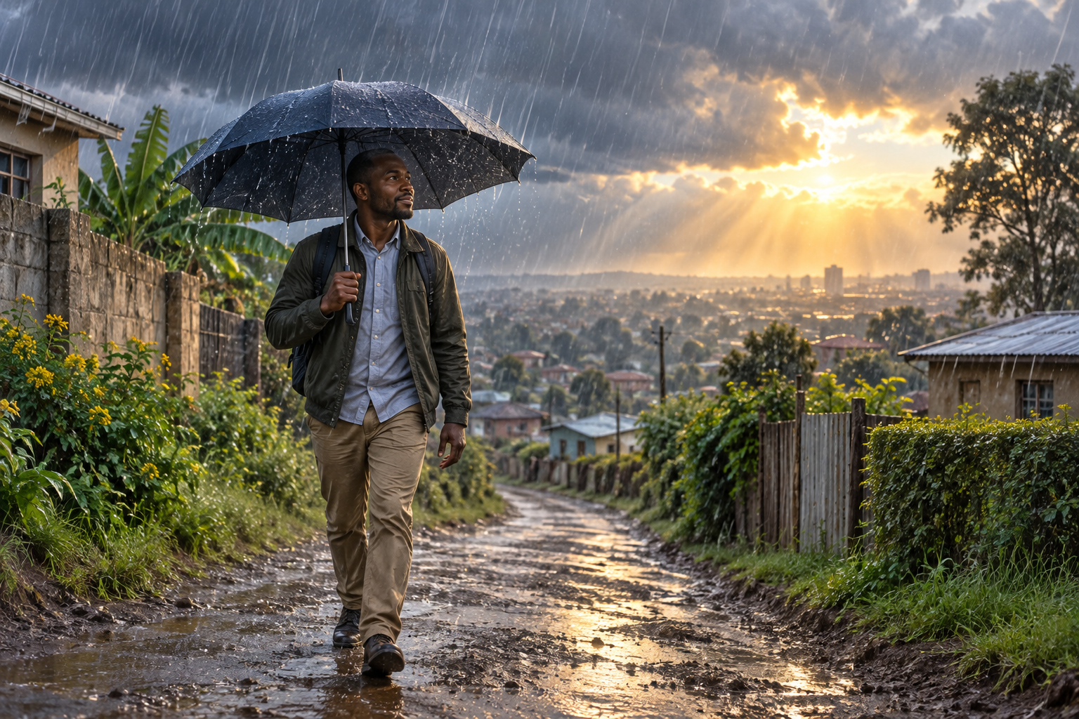 A man walking faithfully through rain toward sunlight breaking through the clouds